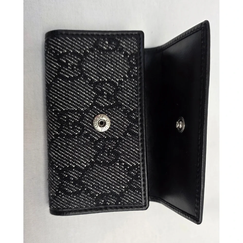 Gucci GG Monogram Denim 6 Hook Key Case Black Leather Trim Made in Italy